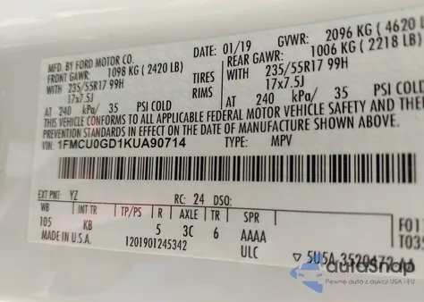 2019 Ford Escape Se from USA, damaged, VIN 1FMCU0GD1KUA90714